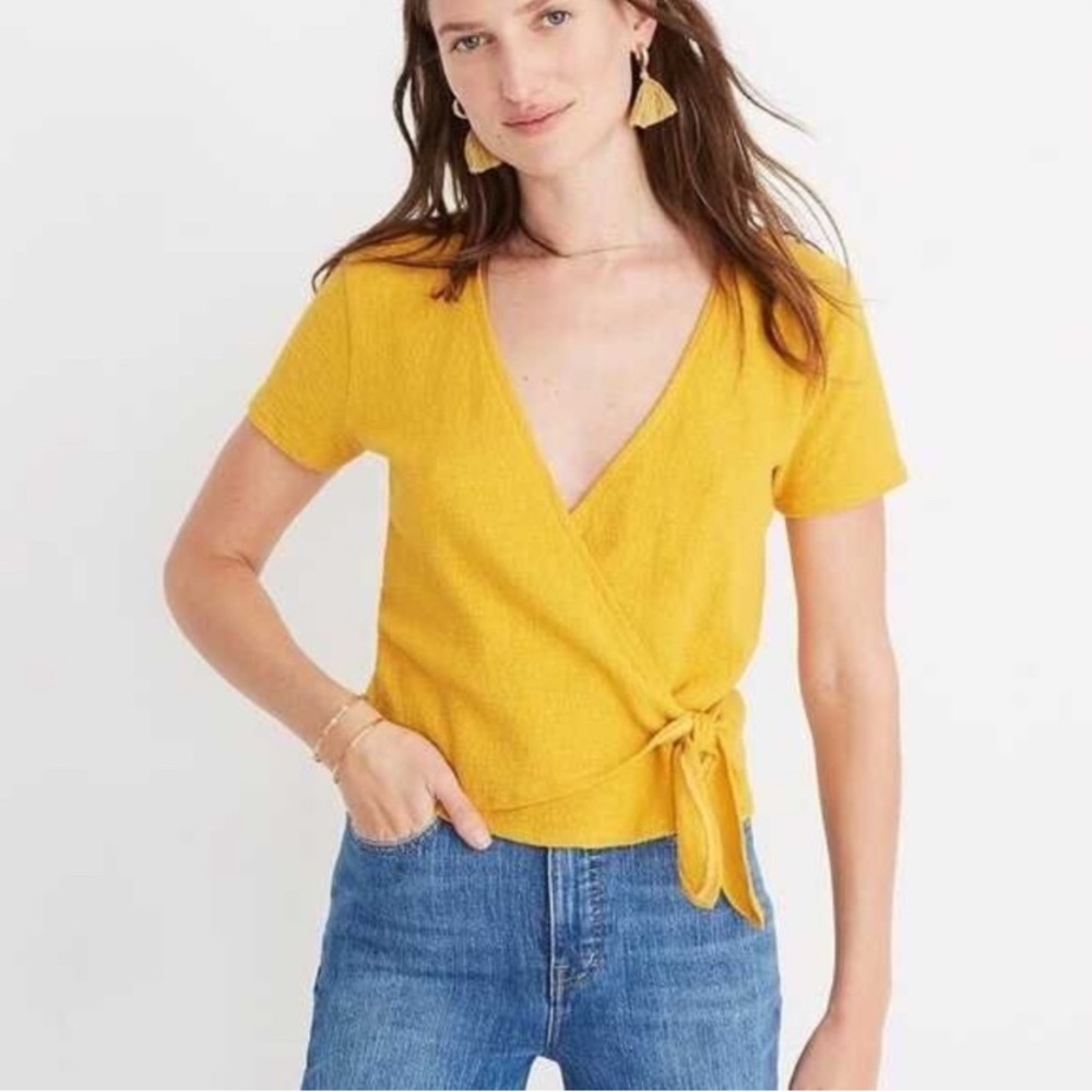 Madewell Texture and Thread 100% Cotton Yellow Faux-Wrap Top xs